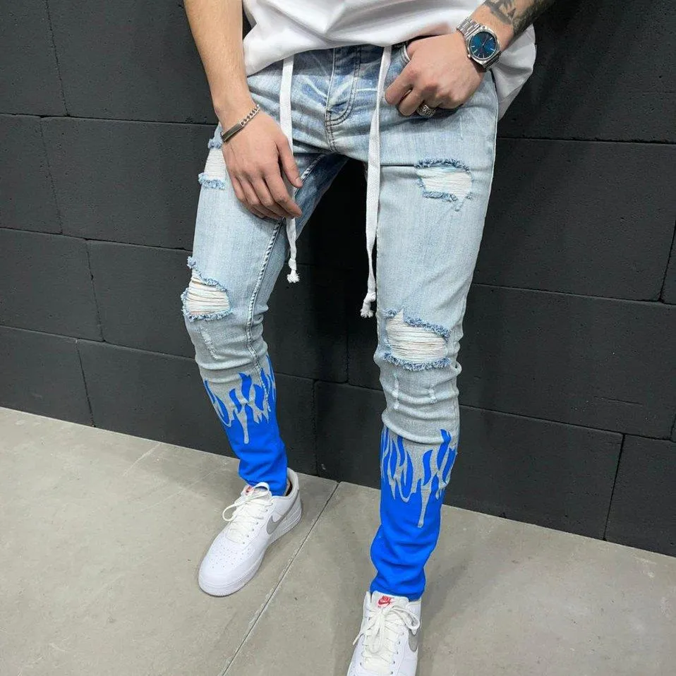 Distressed Washed Black  Jeans For Men Stylish Bag Holes Super Skinny Jeans.