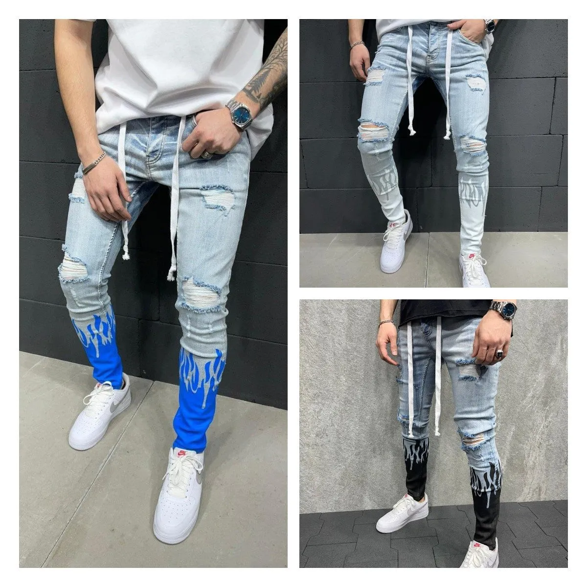 Distressed Washed Black  Jeans For Men Stylish Bag Holes Super Skinny Jeans.