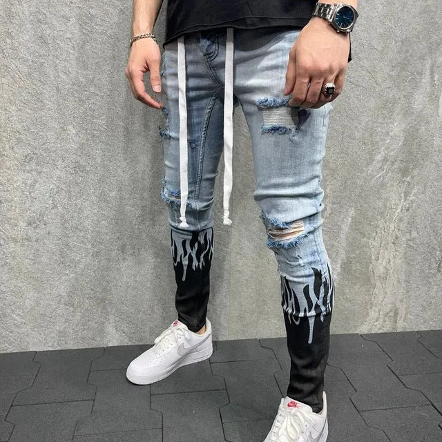 Distressed Washed Black  Jeans For Men Stylish Bag Holes Super Skinny Jeans.