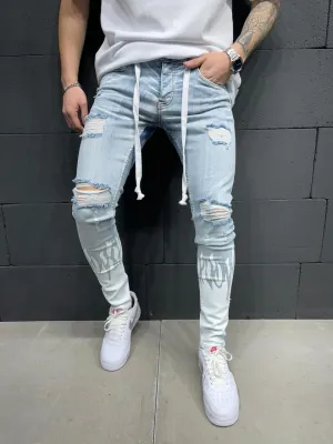 Distressed Washed Black  Jeans For Men Stylish Bag Holes Super Skinny Jeans.