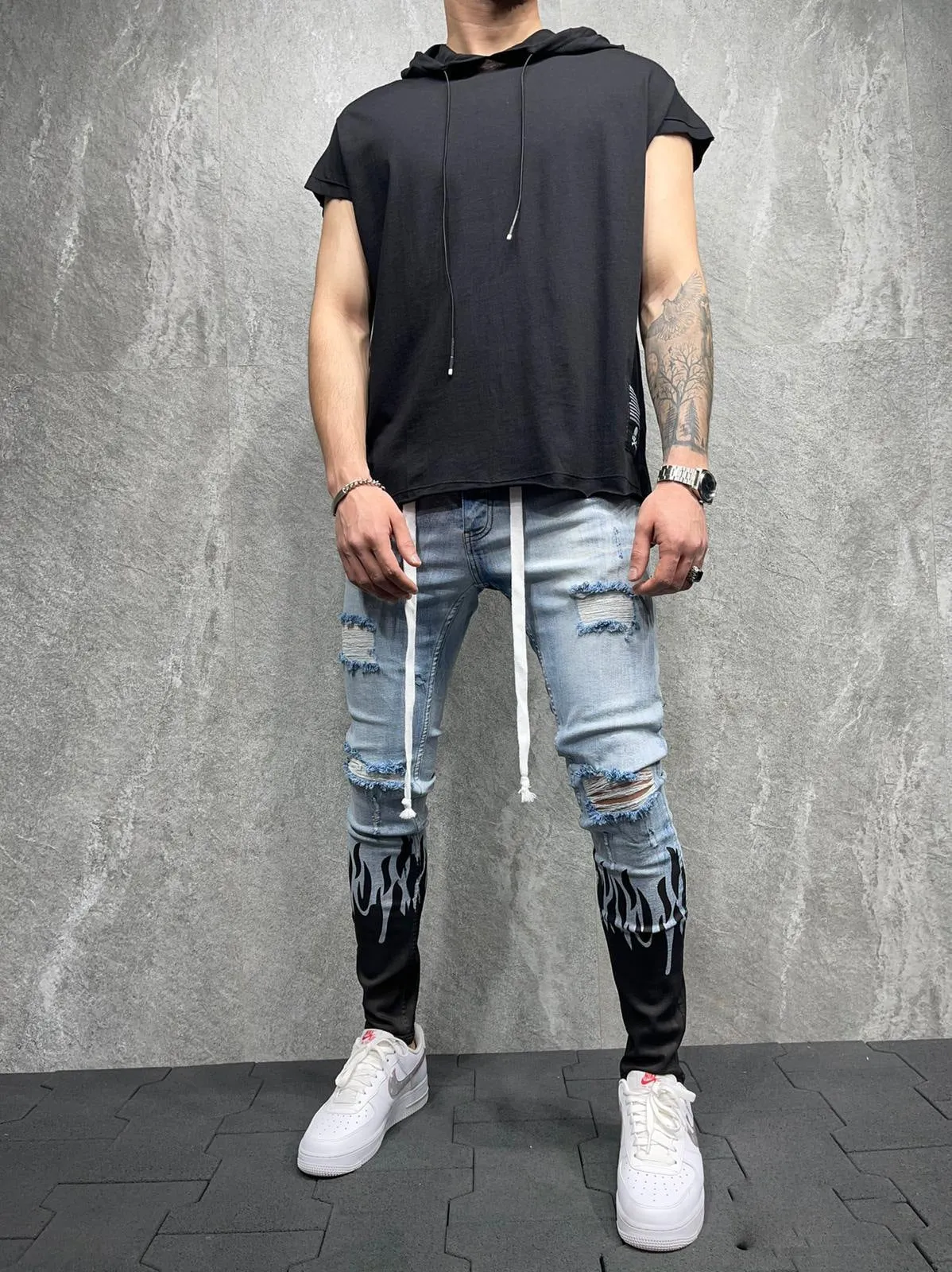 Distressed Washed Black  Jeans For Men Stylish Bag Holes Super Skinny Jeans.