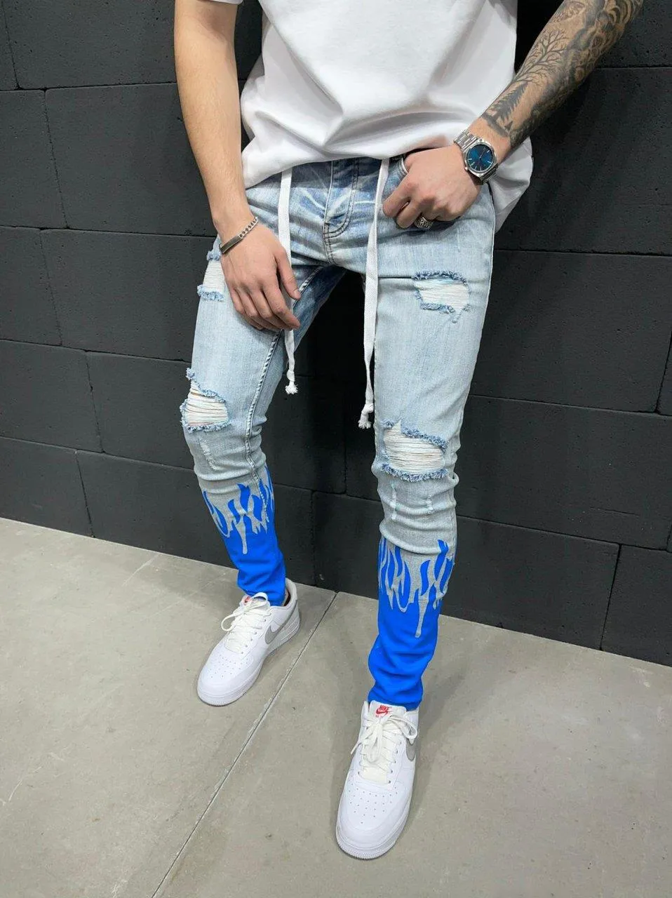 Distressed Washed Black  Jeans For Men Stylish Bag Holes Super Skinny Jeans.
