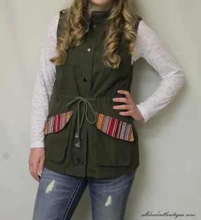En Creme | Olive Cargo Vest with Multi Color Pocket