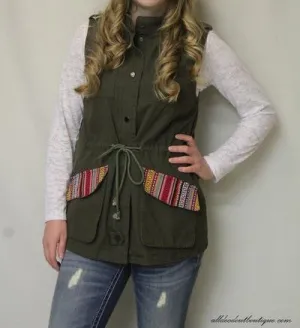 En Creme | Olive Cargo Vest with Multi Color Pocket