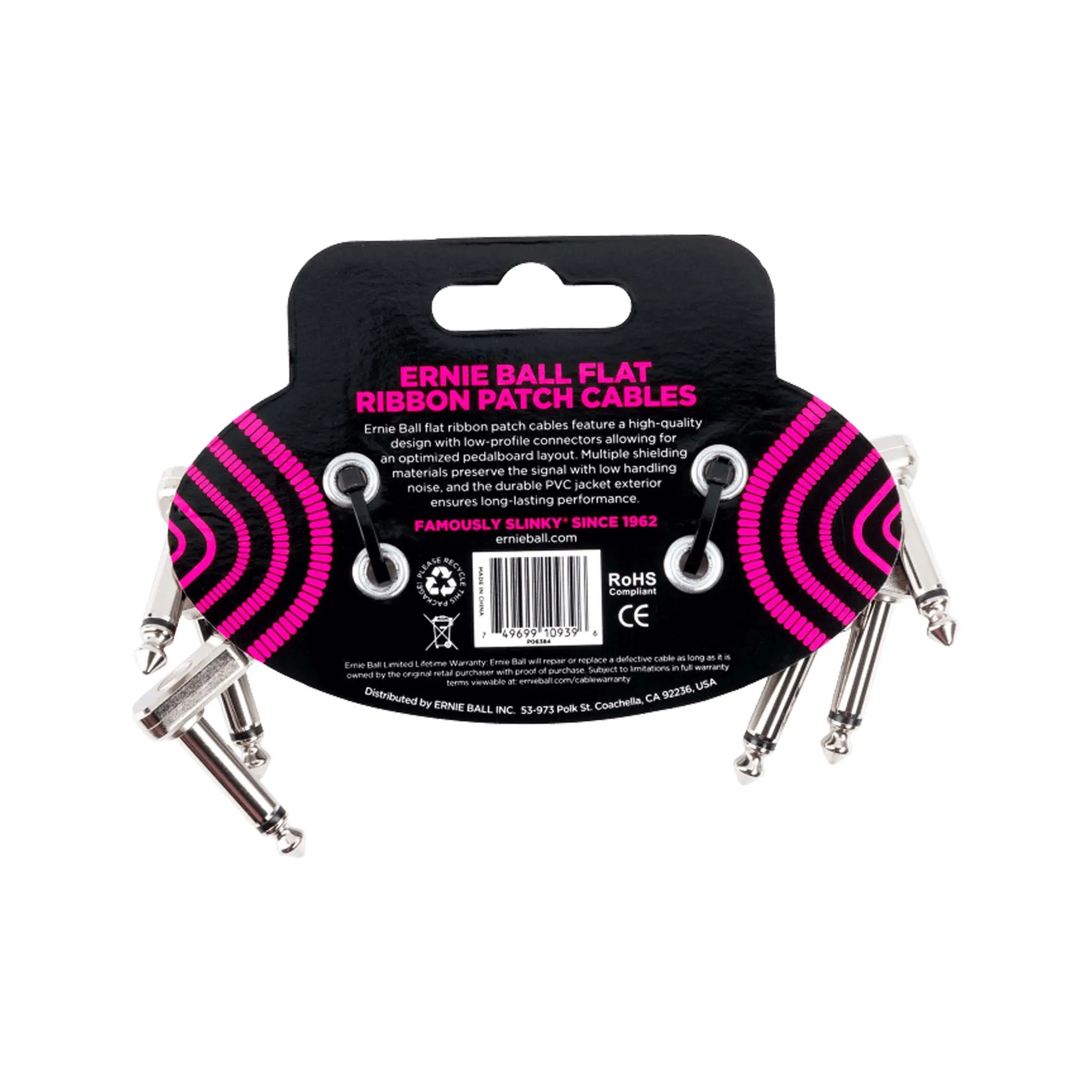 Ernie Ball 3 Inch Right Angle to Right Angle Flat Ribbon Pedalboard Patch Cable, 3-Pack