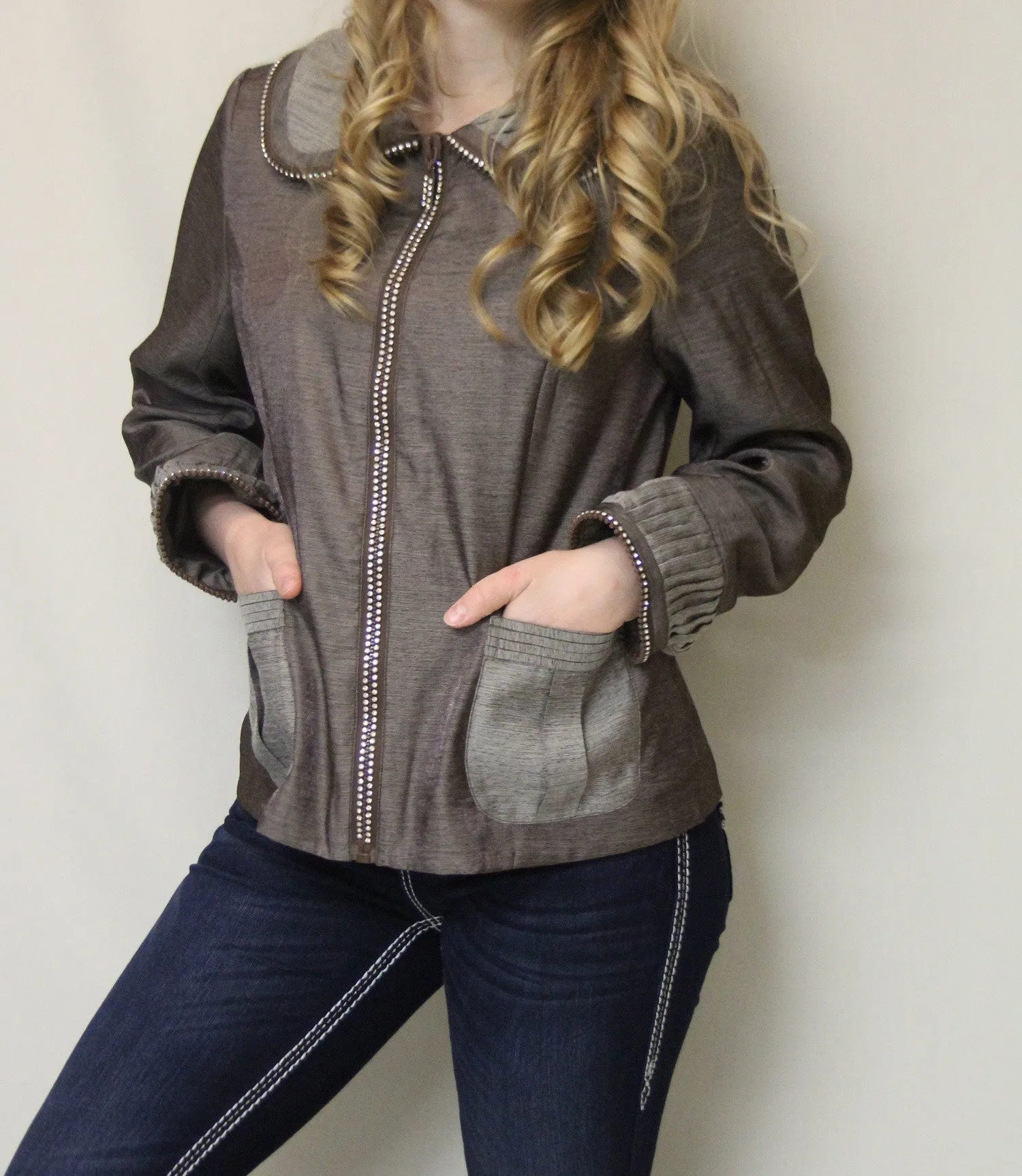 Firmiana | Rhinestone Zip Up Jacket Mocha