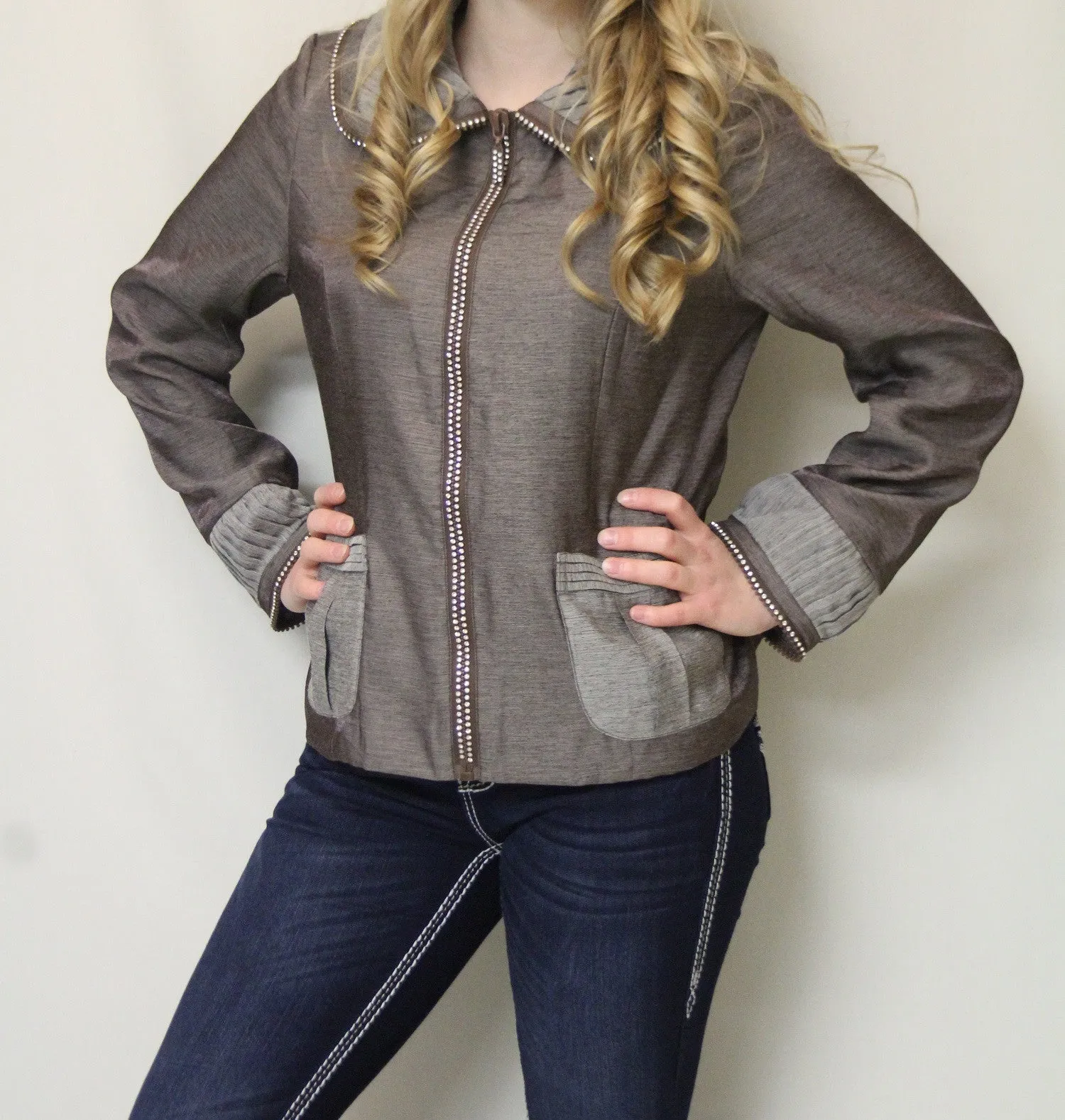 Firmiana | Rhinestone Zip Up Jacket Mocha