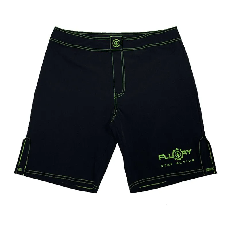 Floury MMA fight shorts | Black with Green Accents | Ultra Stylish Fight Shorts