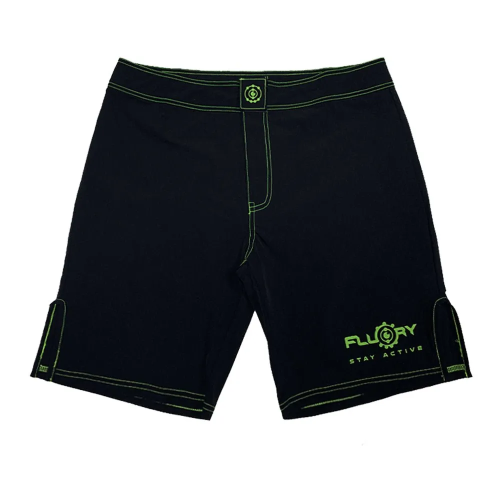 Floury MMA fight shorts | Black with Green Accents | Ultra Stylish Fight Shorts