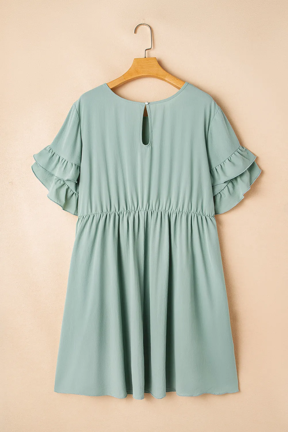 Grass Green Ruffle Trim Short Sleeve Plus Size Flared Mini Dress