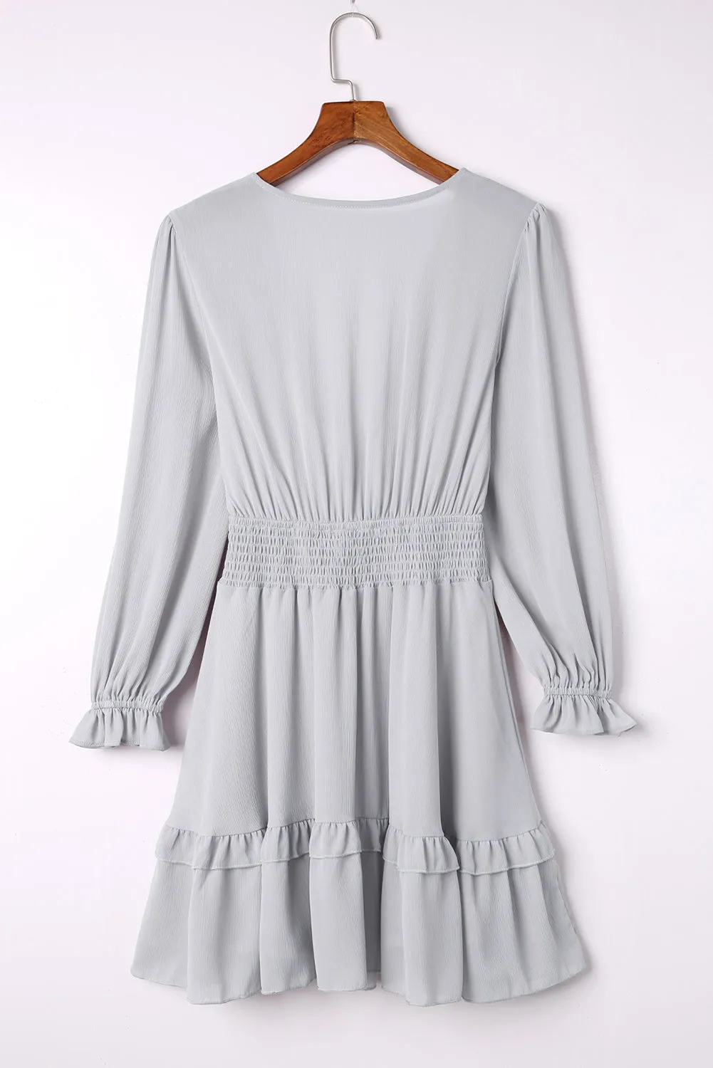 Gray Deep V Neck Lantern Sleeve Knotted Tiered Mini Dress