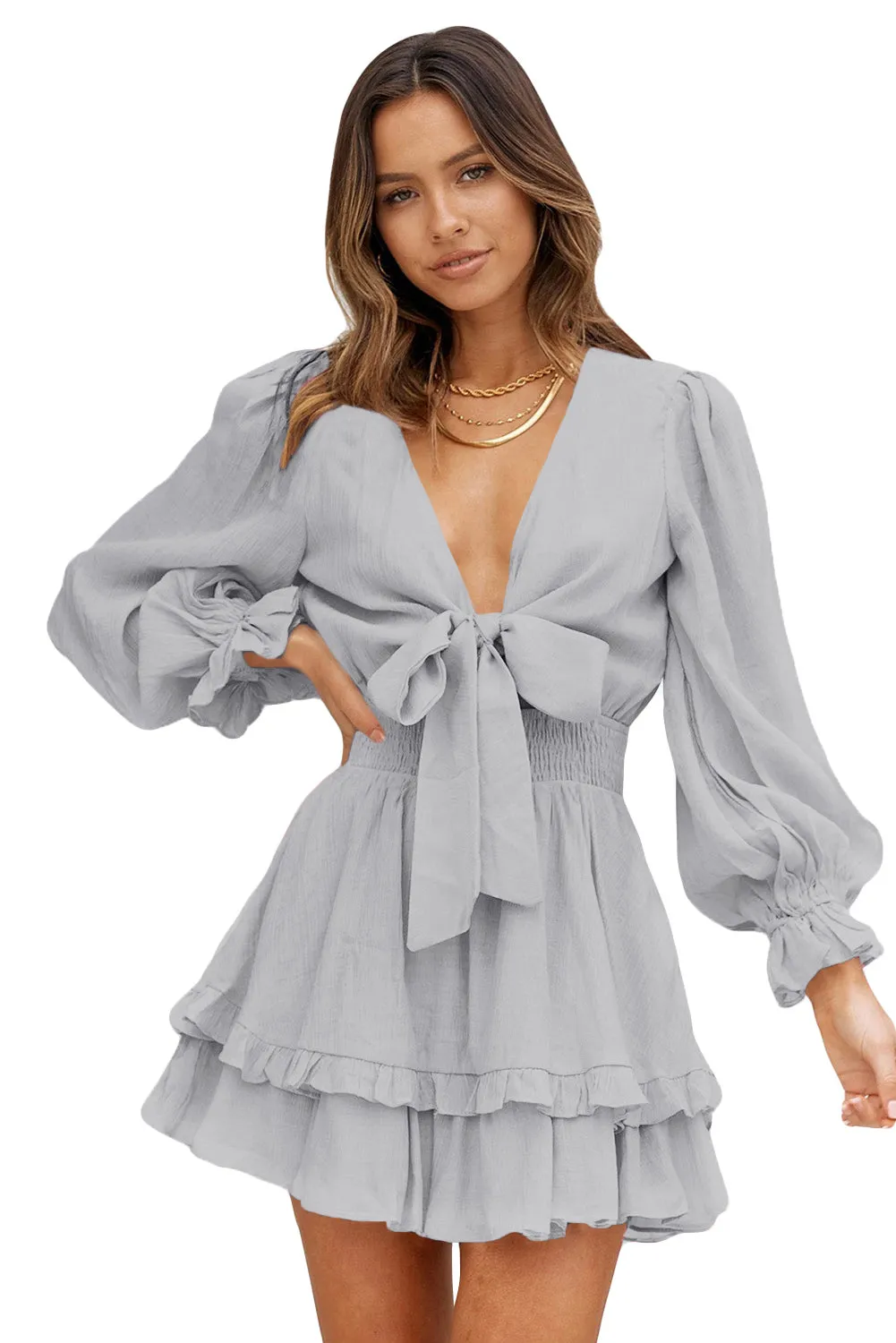 Gray Deep V Neck Lantern Sleeve Knotted Tiered Mini Dress