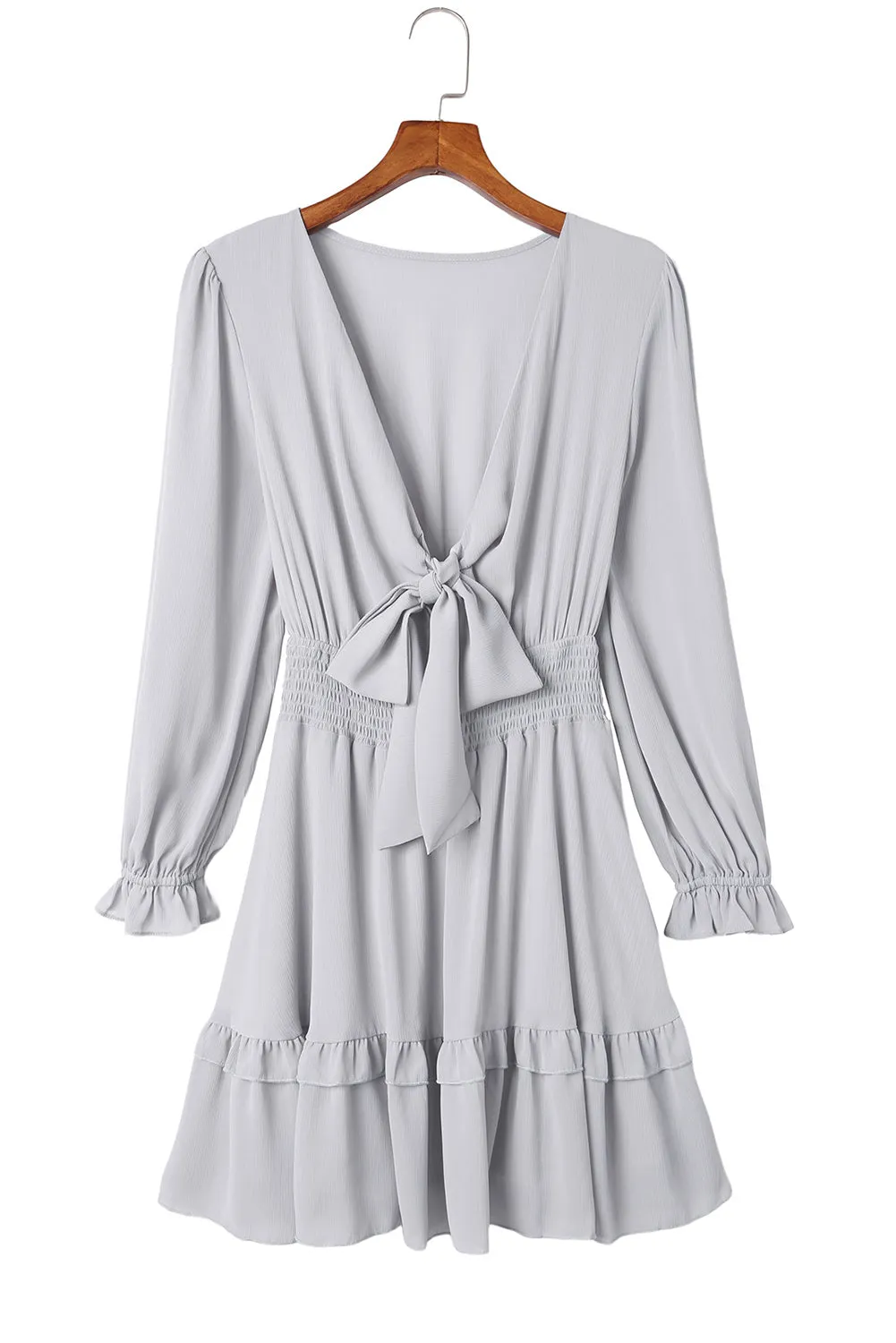 Gray Deep V Neck Lantern Sleeve Knotted Tiered Mini Dress