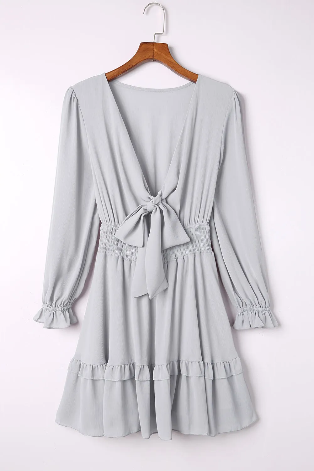 Gray Deep V Neck Lantern Sleeve Knotted Tiered Mini Dress