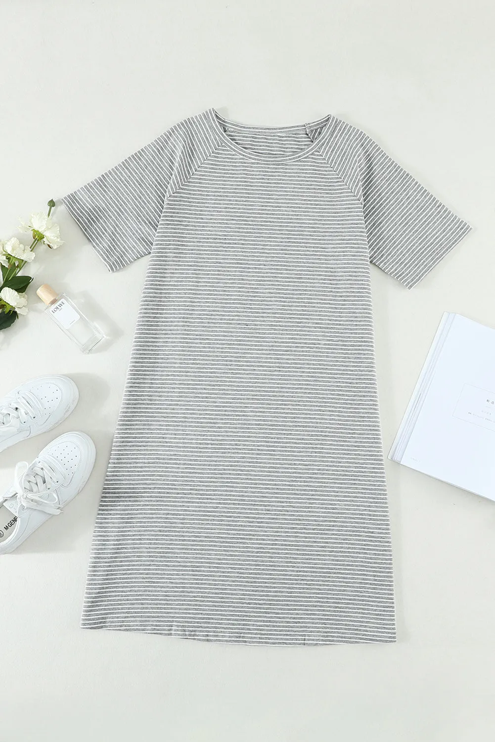 Gray Raglan Sleeve Striped Cotton-blend T-shirt Mini Dress