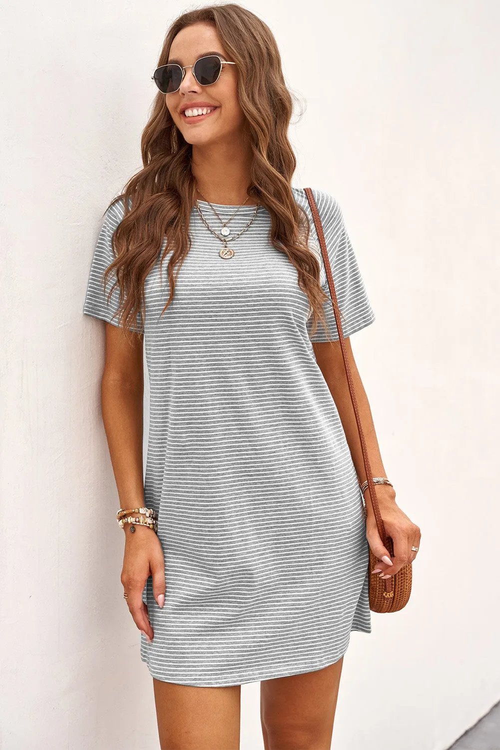 Gray Raglan Sleeve Striped Cotton-blend T-shirt Mini Dress