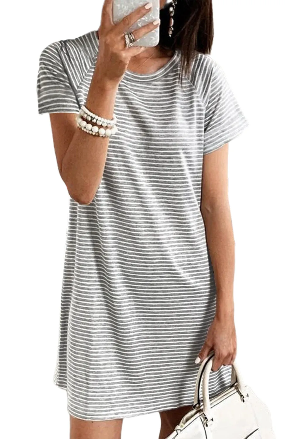 Gray Raglan Sleeve Striped Cotton-blend T-shirt Mini Dress
