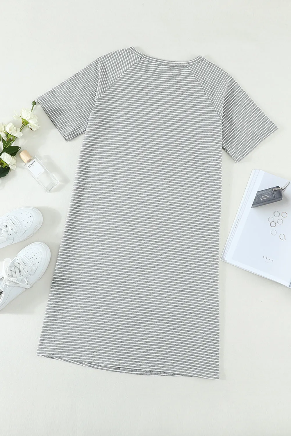 Gray Raglan Sleeve Striped Cotton-blend T-shirt Mini Dress