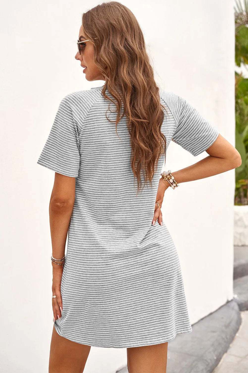Gray Raglan Sleeve Striped Cotton-blend T-shirt Mini Dress