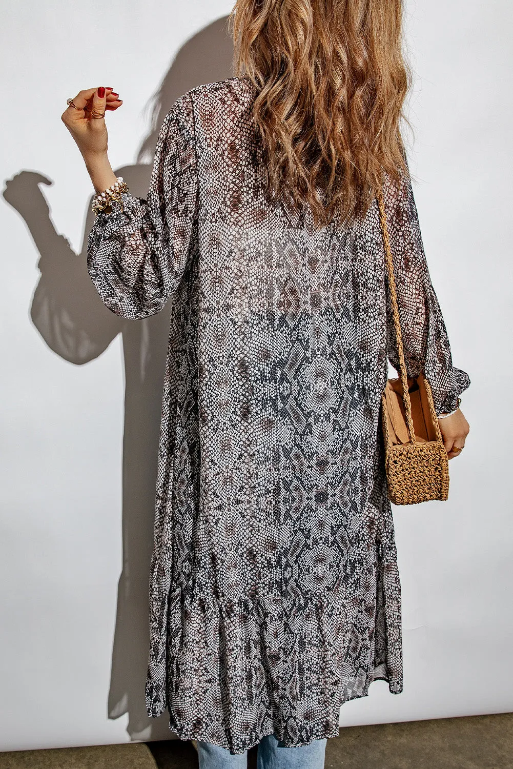 Gray Snakeskin Print Ruffled Open Front Long Cover-up