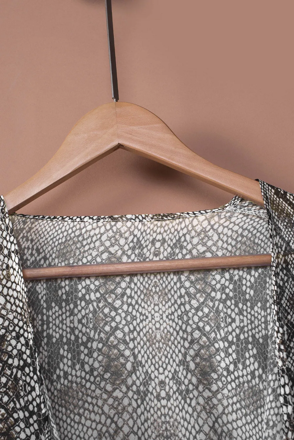 Gray Snakeskin Print Ruffled Open Front Long Cover-up