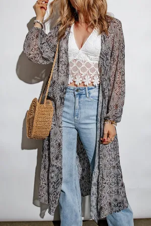 Gray Snakeskin Print Ruffled Open Front Long Cover-up