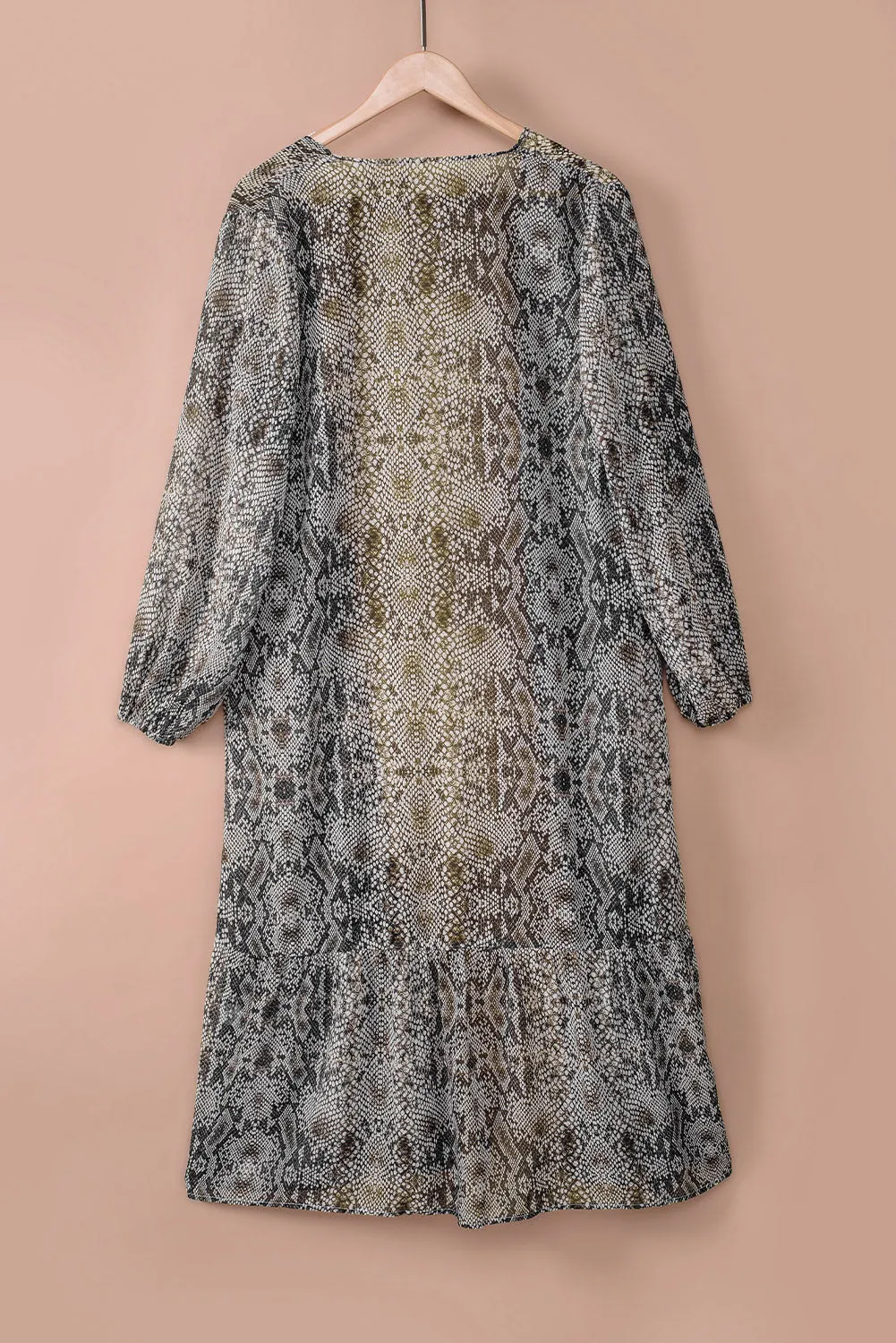 Gray Snakeskin Print Ruffled Open Front Long Cover-up
