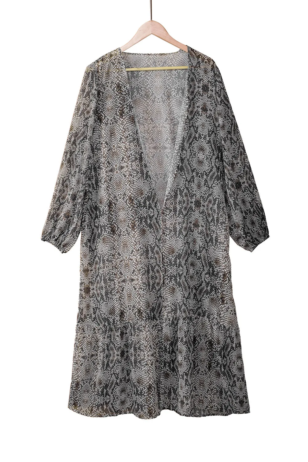 Gray Snakeskin Print Ruffled Open Front Long Cover-up