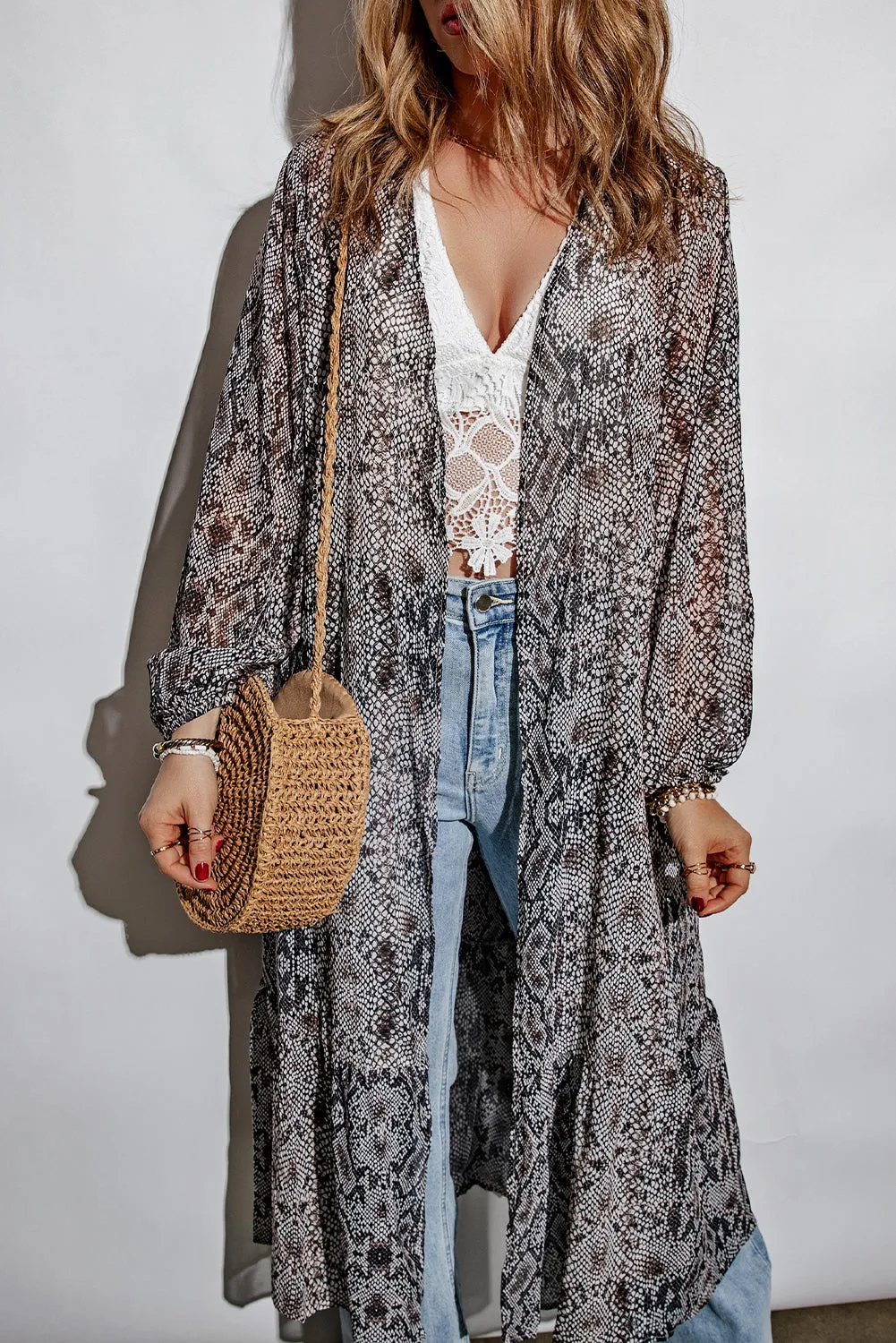 Gray Snakeskin Print Ruffled Open Front Long Cover-up