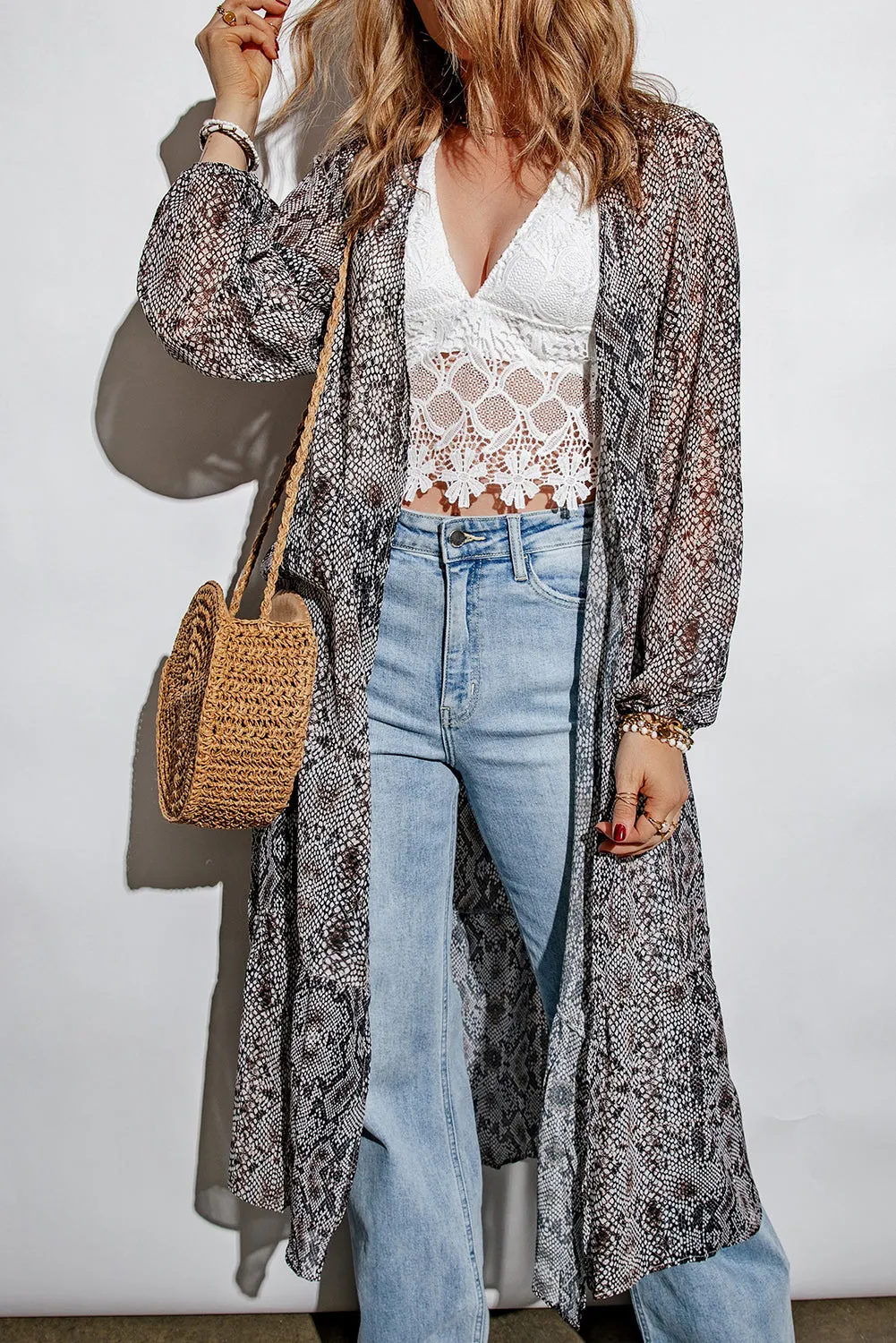 Gray Snakeskin Print Ruffled Open Front Long Cover-up