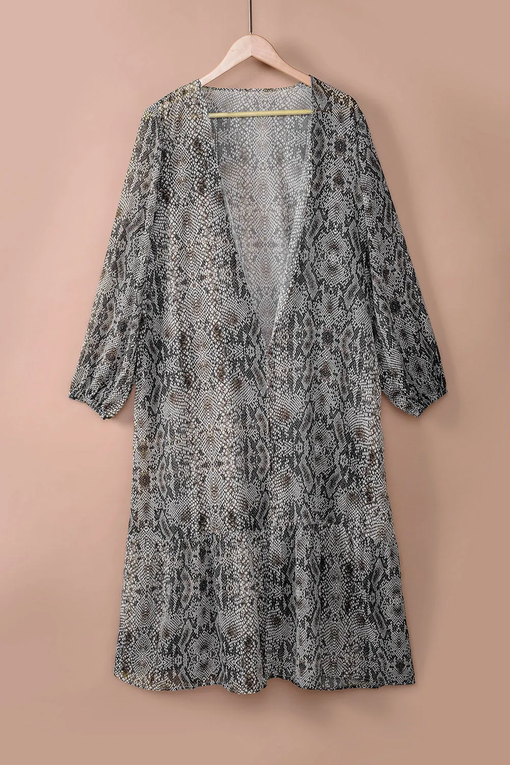 Gray Snakeskin Print Ruffled Open Front Long Cover-up