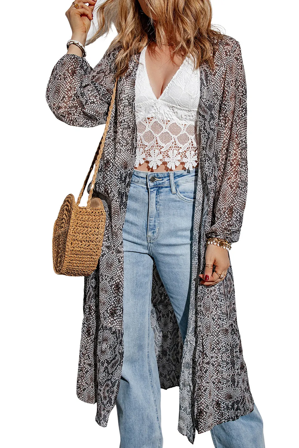 Gray Snakeskin Print Ruffled Open Front Long Cover-up
