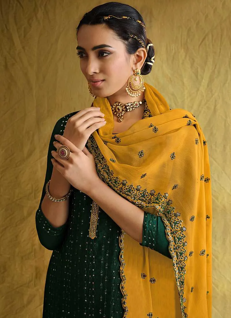 Green and Yellow Embroidered Stylish Palazzo Style Suit