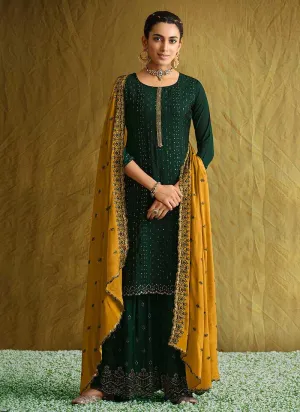 Green and Yellow Embroidered Stylish Palazzo Style Suit