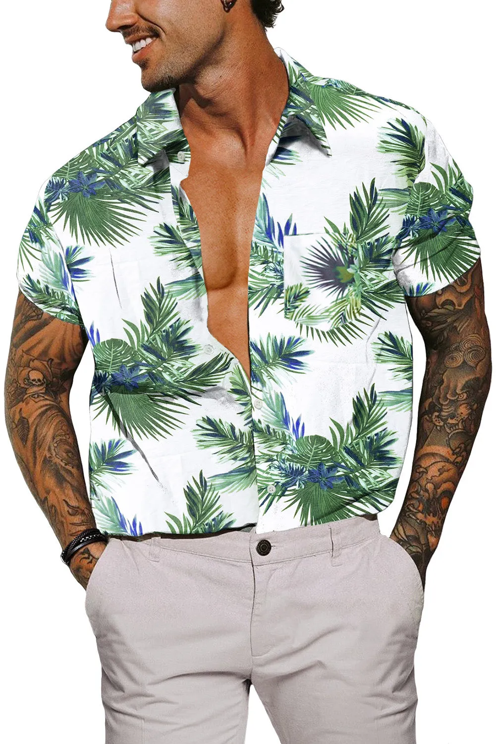 Green Men Short Sleeve Casual Hawaiian Shirt