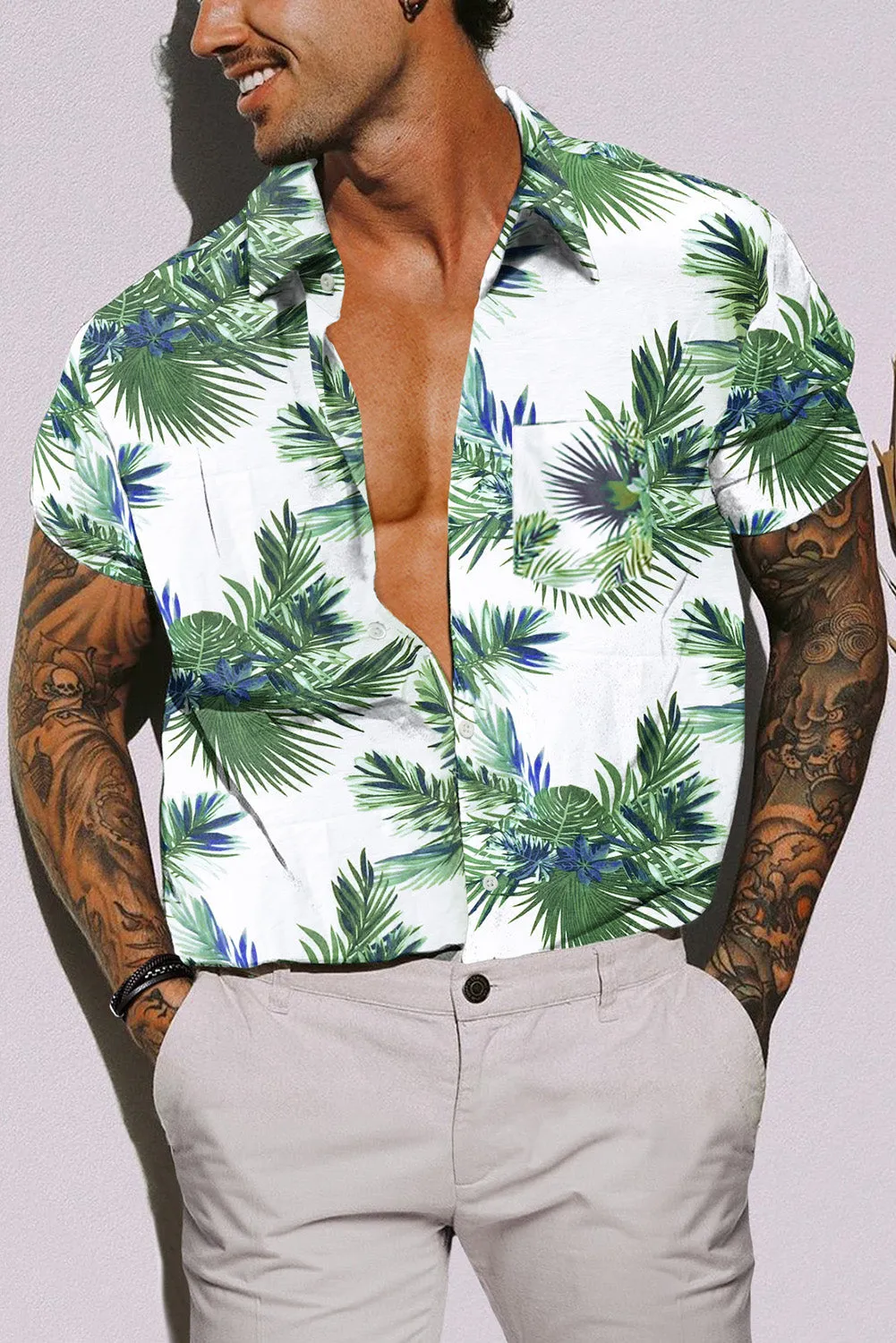 Green Men Short Sleeve Casual Hawaiian Shirt