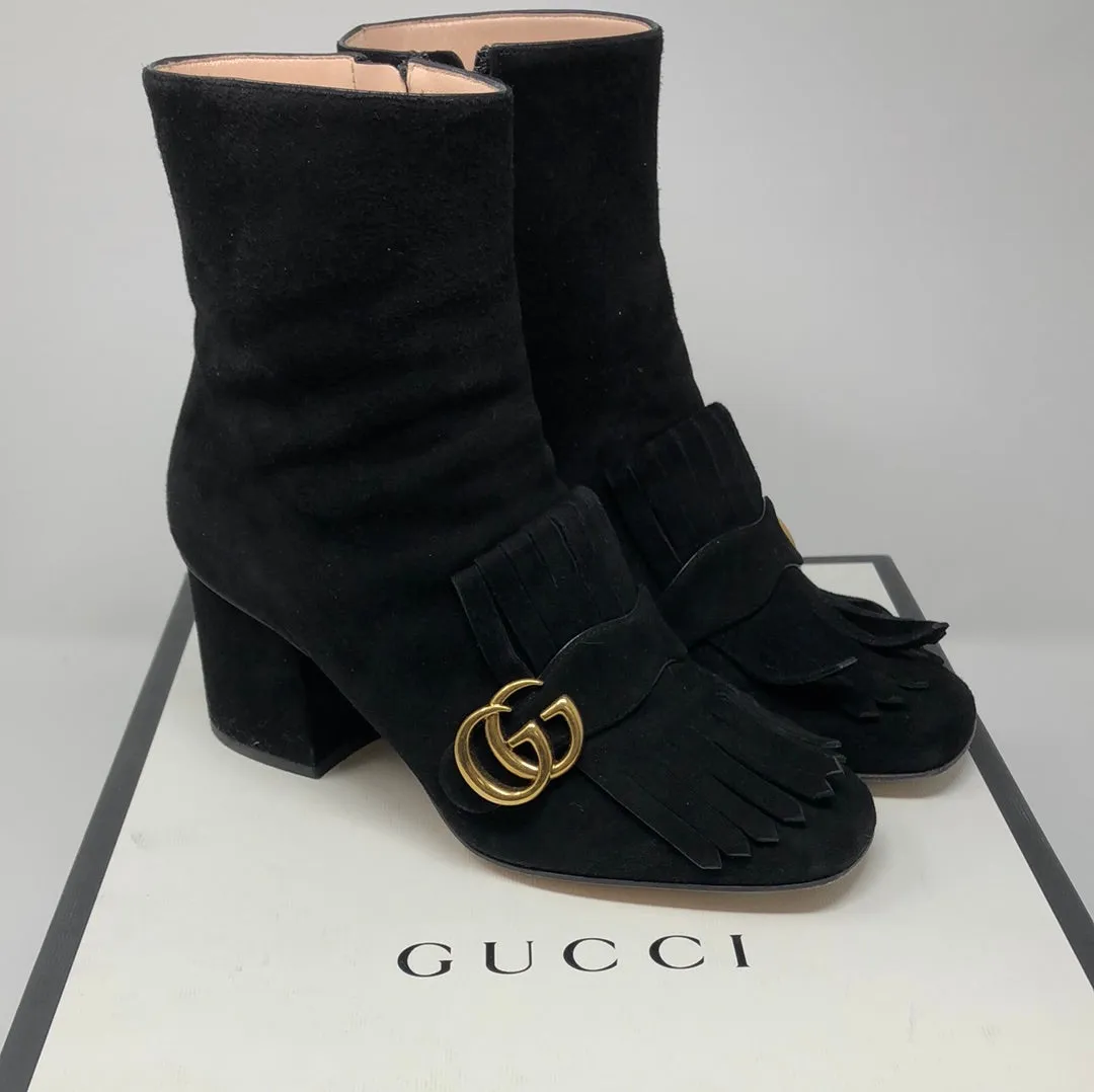 Gucci Black Suede Side Zip Booties with Interlocking GG