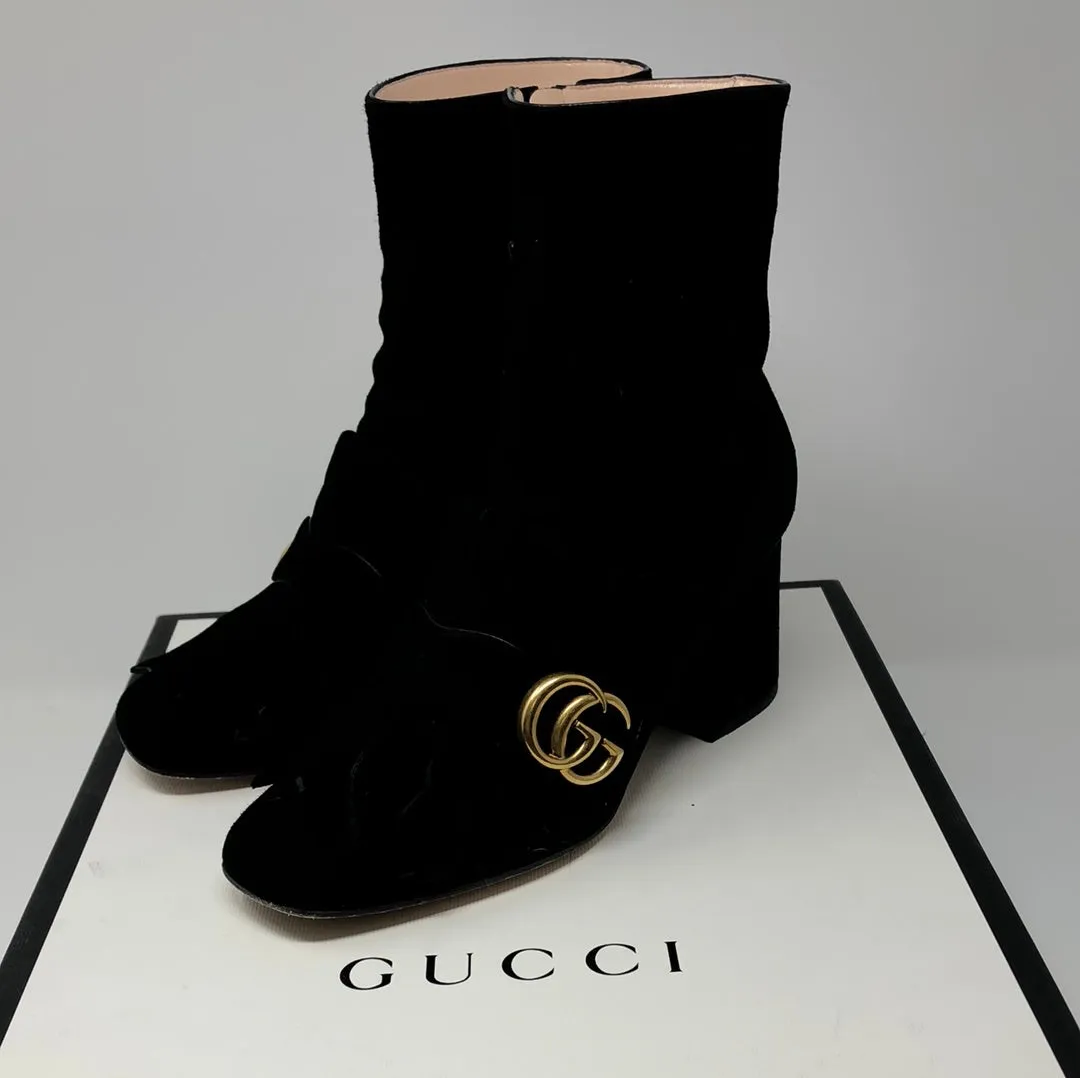 Gucci Black Suede Side Zip Booties with Interlocking GG