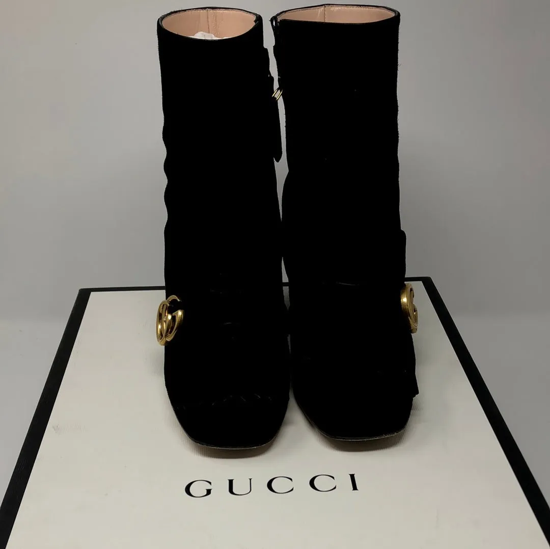 Gucci Black Suede Side Zip Booties with Interlocking GG
