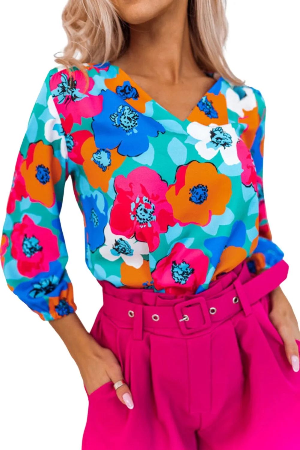 KaleaBoutique Stylish Floral Print V Neck 3/4 Sleeve Blouse