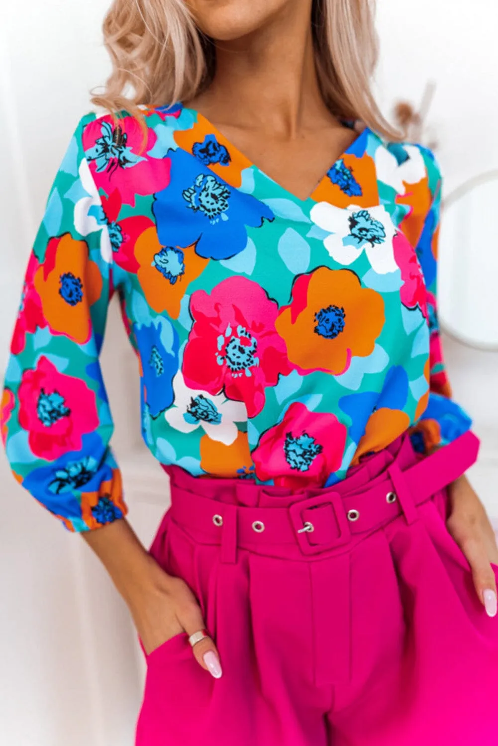 KaleaBoutique Stylish Floral Print V Neck 3/4 Sleeve Blouse