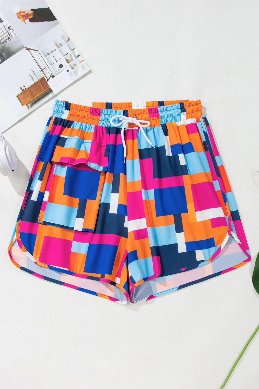 KaleaBoutique Stylish Geometric Printed Drawstring Waist Beach Shorts with Pockets