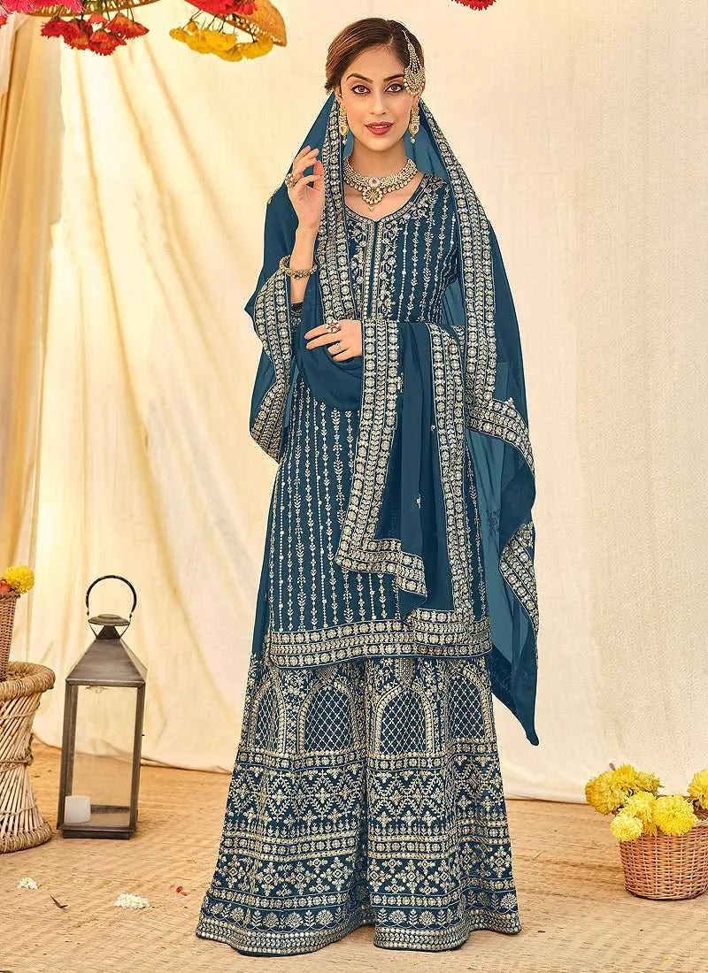 Light Blue Embroidered Stylish Palazzo Style Suit