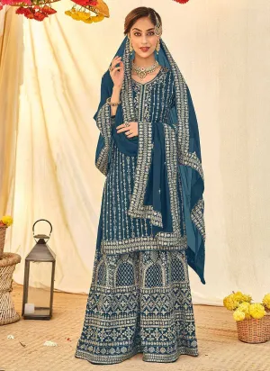 Light Blue Embroidered Stylish Palazzo Style Suit