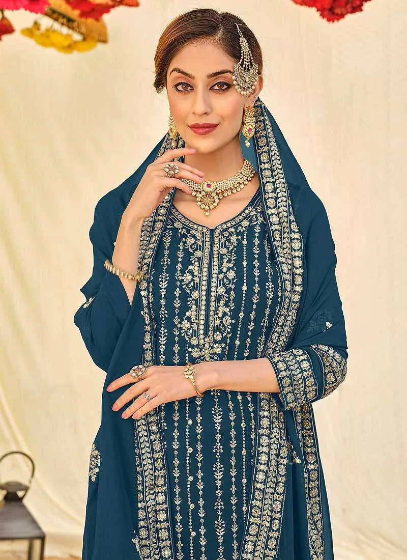 Light Blue Embroidered Stylish Palazzo Style Suit
