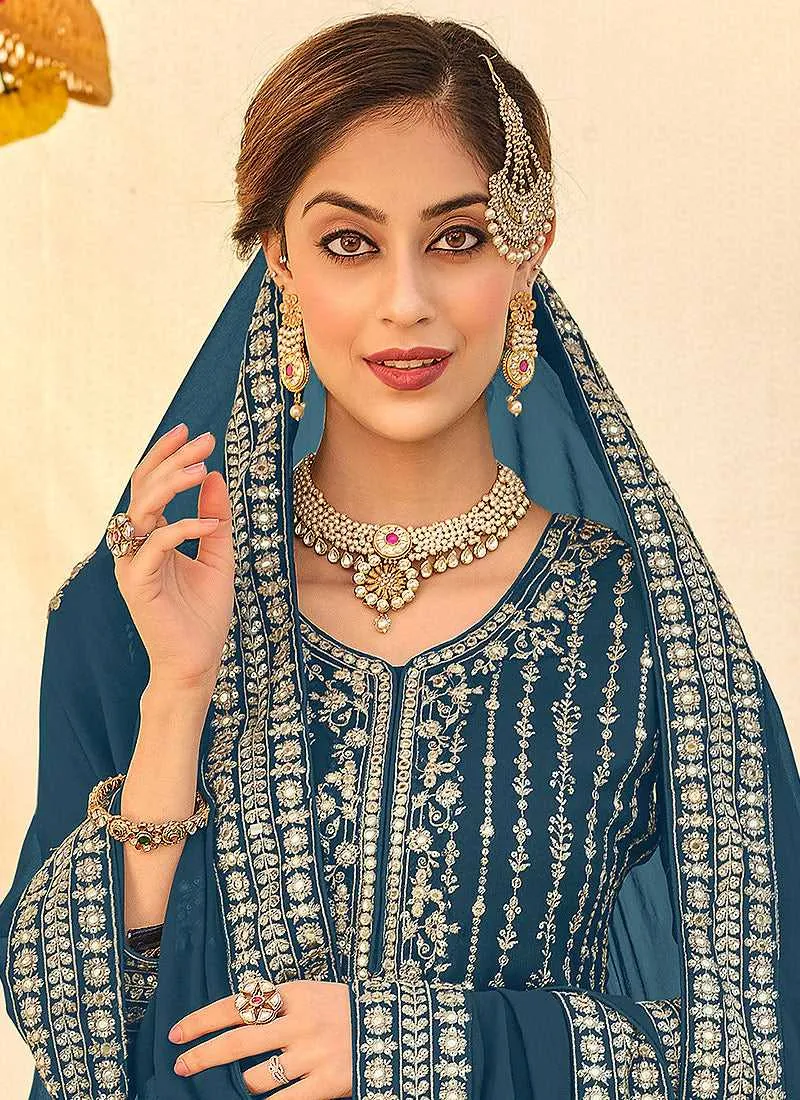 Light Blue Embroidered Stylish Palazzo Style Suit