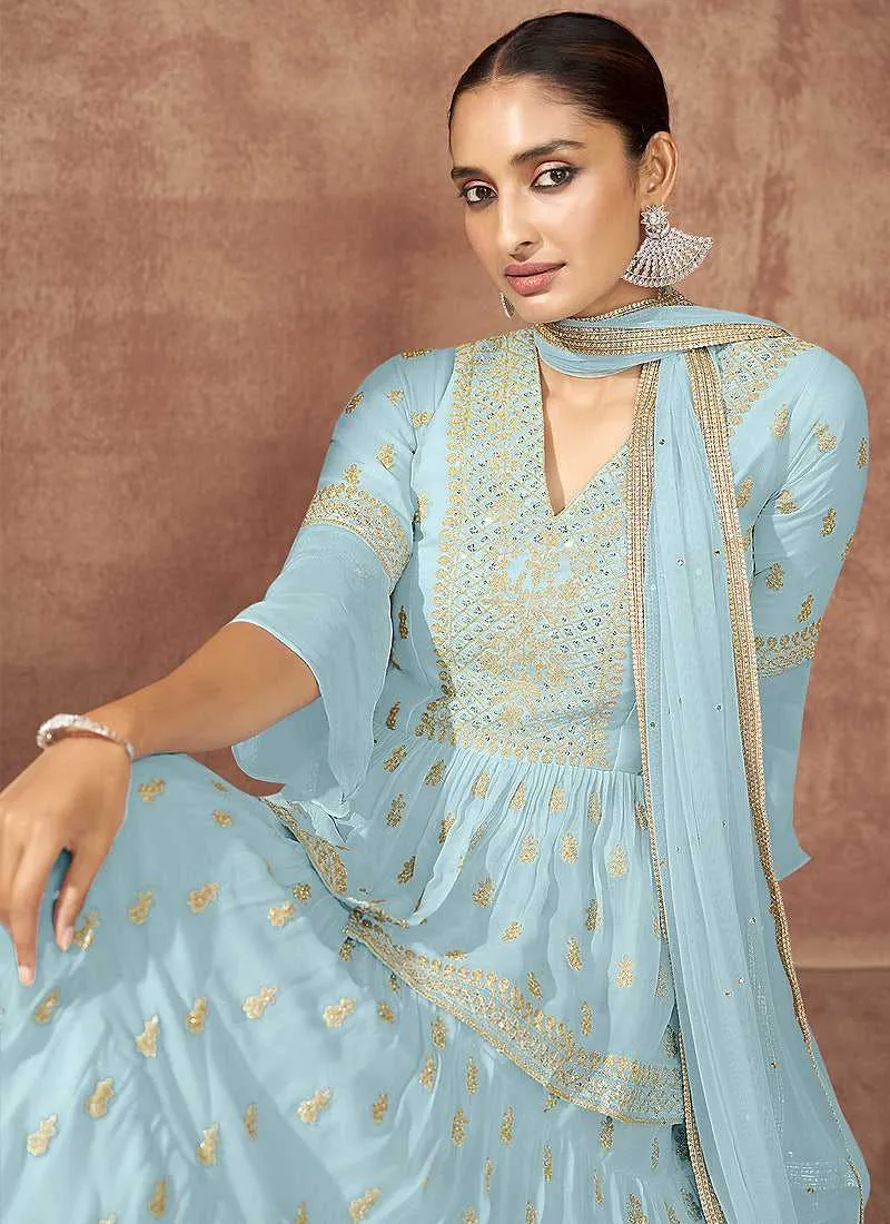 Light Blue Sequin Embroidered Stylish Indo Western Lehenga