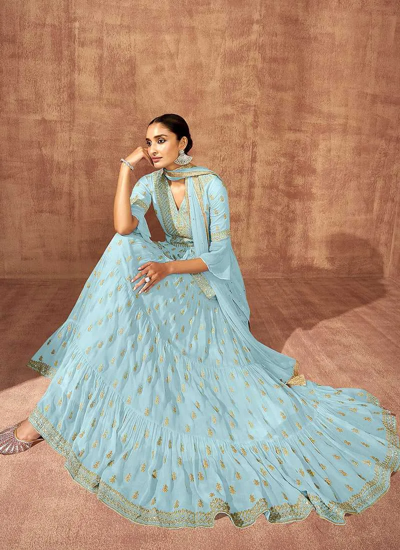 Light Blue Sequin Embroidered Stylish Indo Western Lehenga