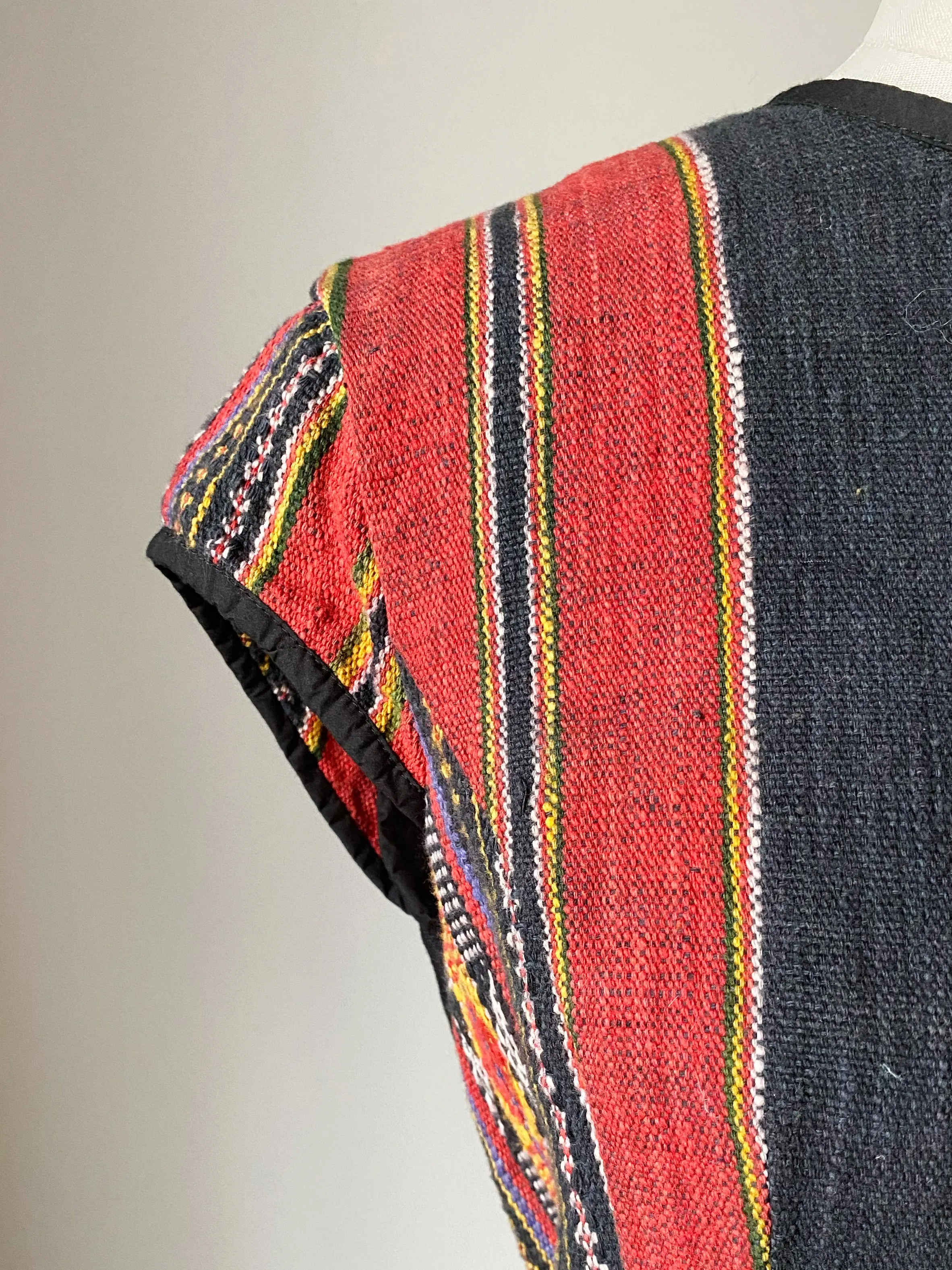 lillian dress in patched handwoven textile from thailand with black linen