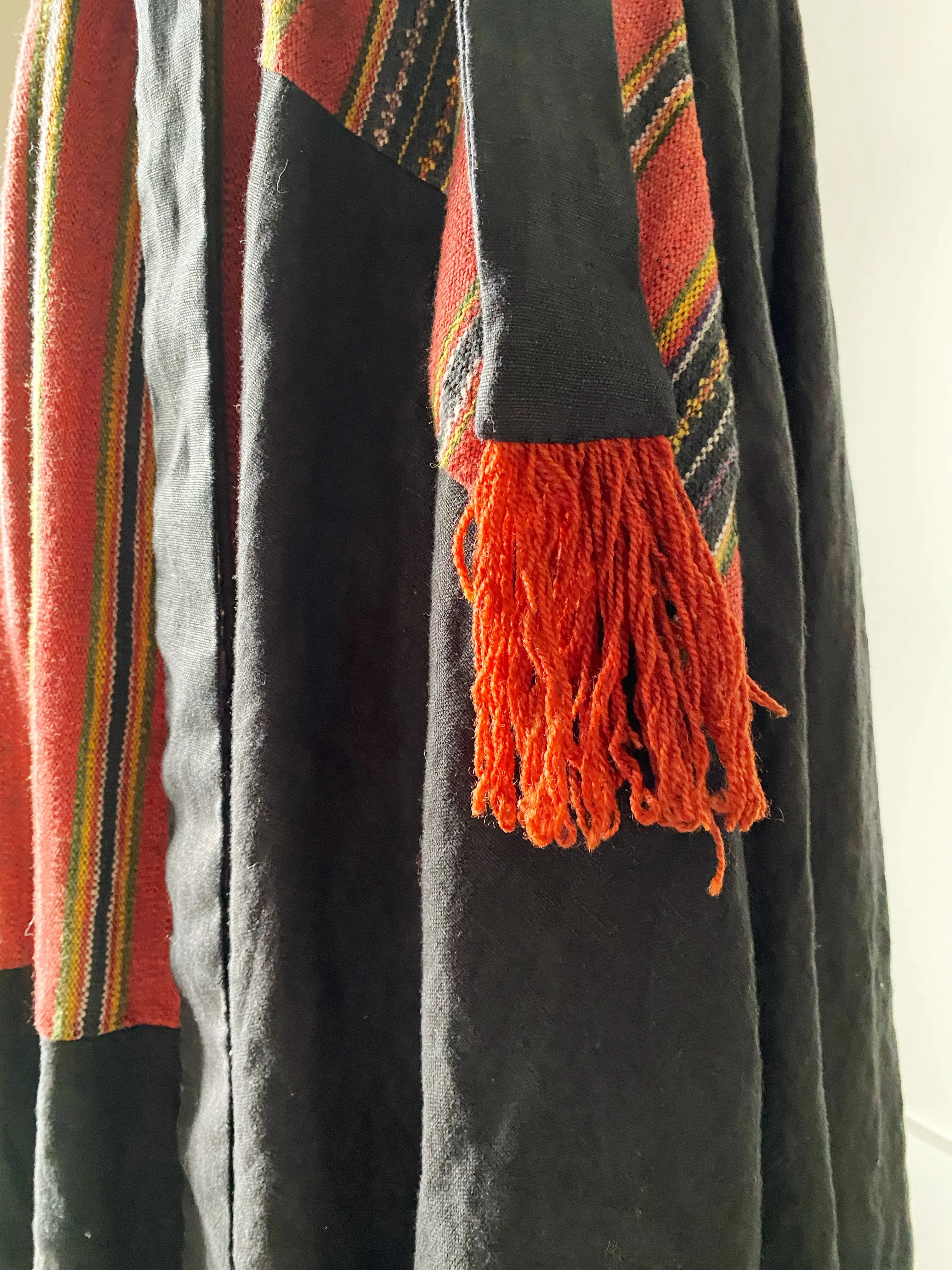 lillian dress in patched handwoven textile from thailand with black linen